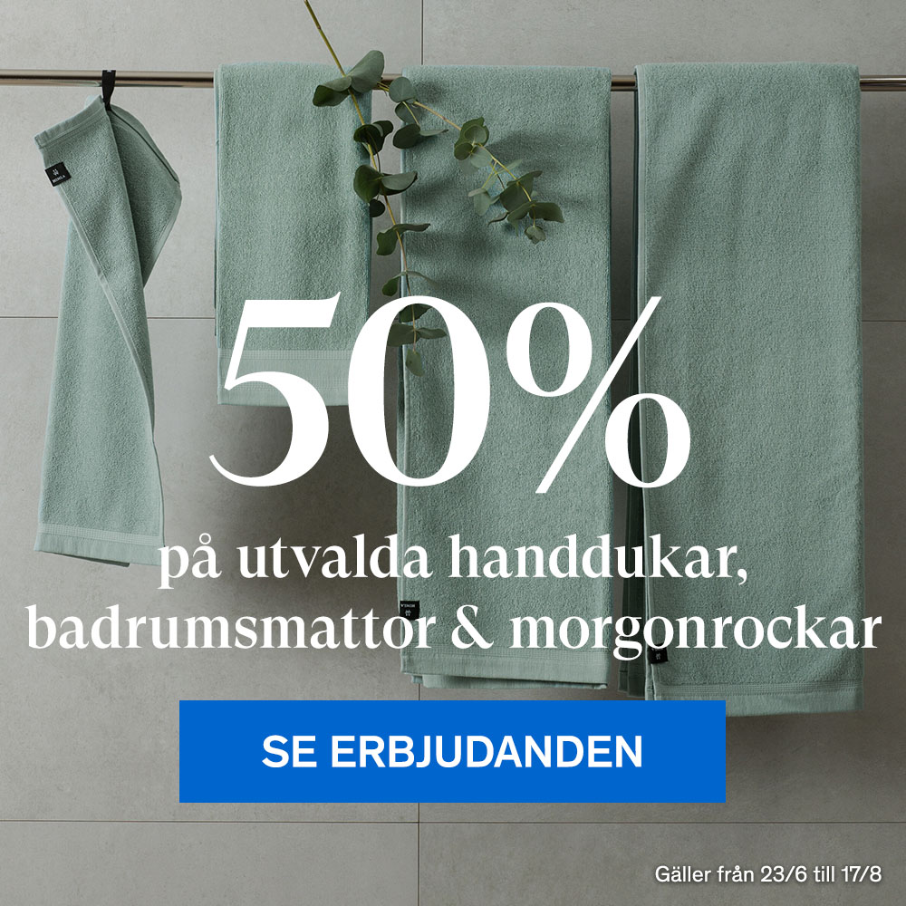 50% p&aring; utvalda handdukar, badrumsmattor & morgonrockar
